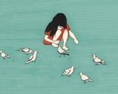 Children art print room decor kids gift wall art birds illustration Print - NURTURING (blue red version)
