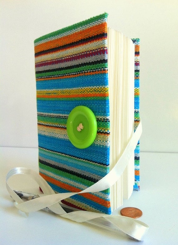 Lined writing Journal, Blue fabric notebook opens with apple green button and White ribbon, personal diary, travel journal