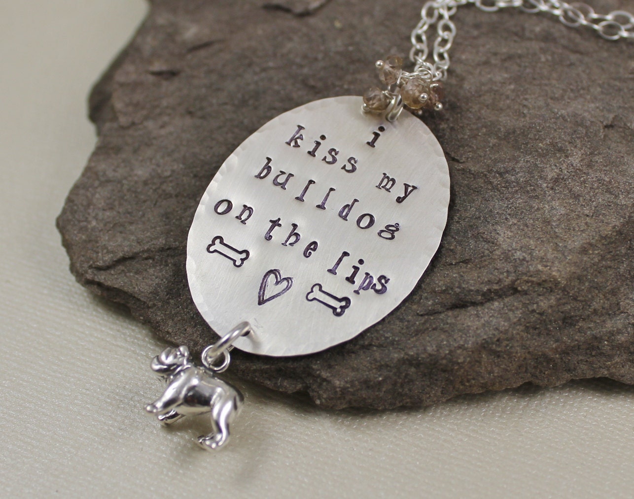 I Kiss My Bulldog On The Lips Necklace- Sterling Silver, Shaded Brown Zircon