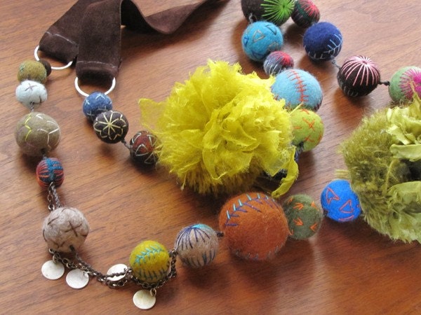 ON SALE Extra long wool felt and hand embroidered necklace with sterling silver and leather