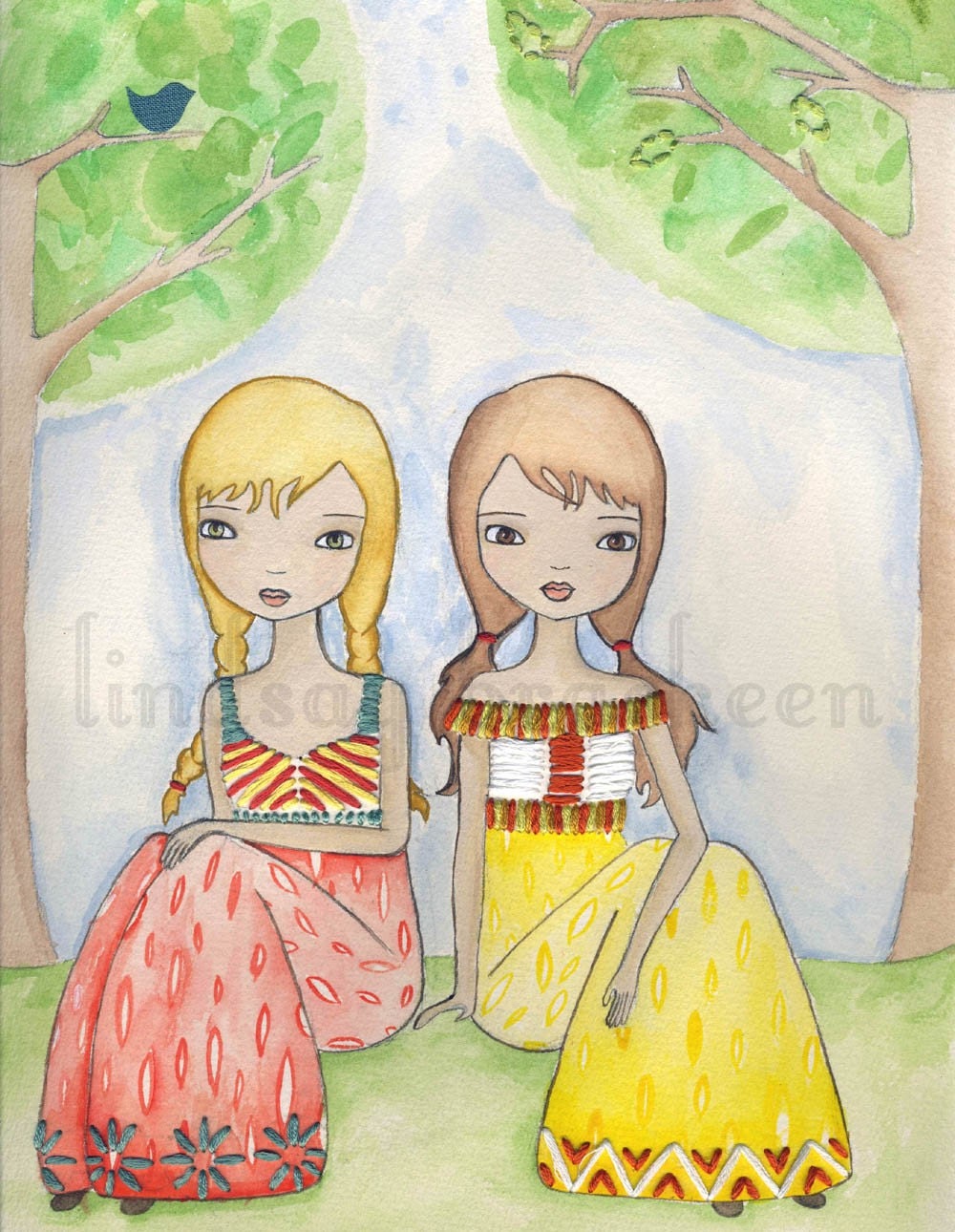 Sisters Best Friends Nature Friendship  Nursery Art Print