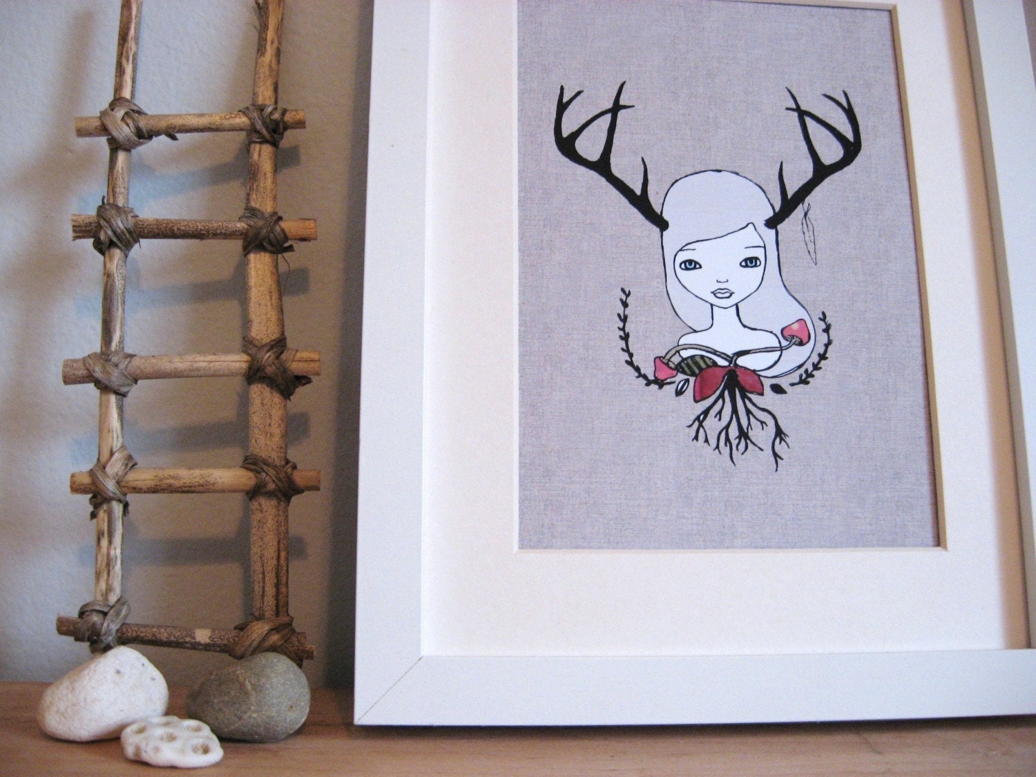 Deer Antler Nature Woodland Forest Girl Art Print
