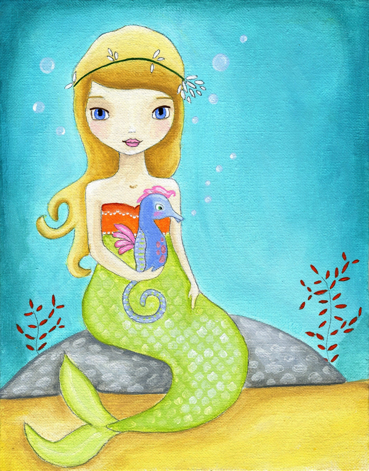 Mermaid Seahorse Nautical Kids Art Print