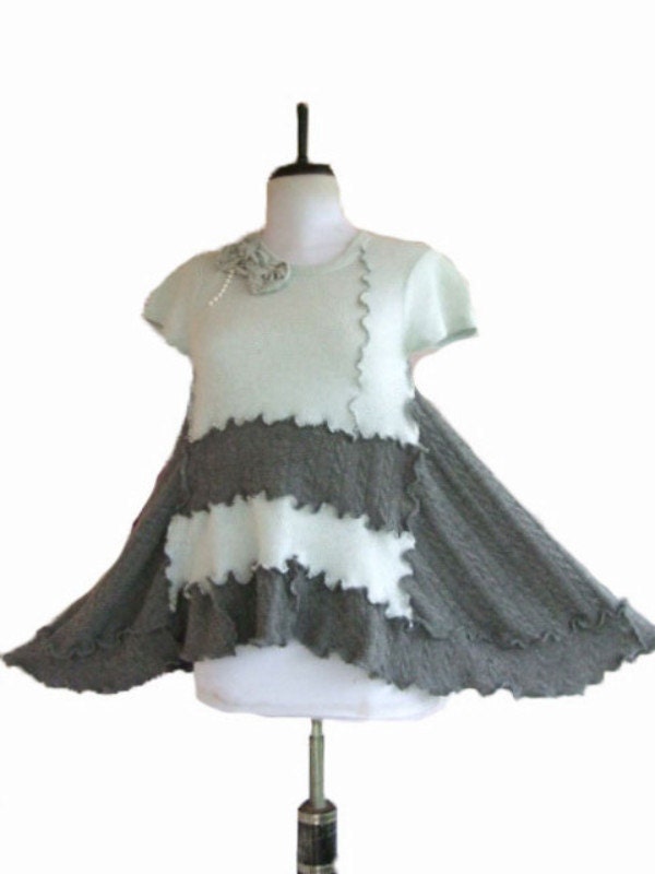 SALE Ruffled Cashmere Sweater S/M Small Medium Lt Blue Charcoal Gray Rose Floral Flower Eco Friendly Recycled Asymmetric Tunic