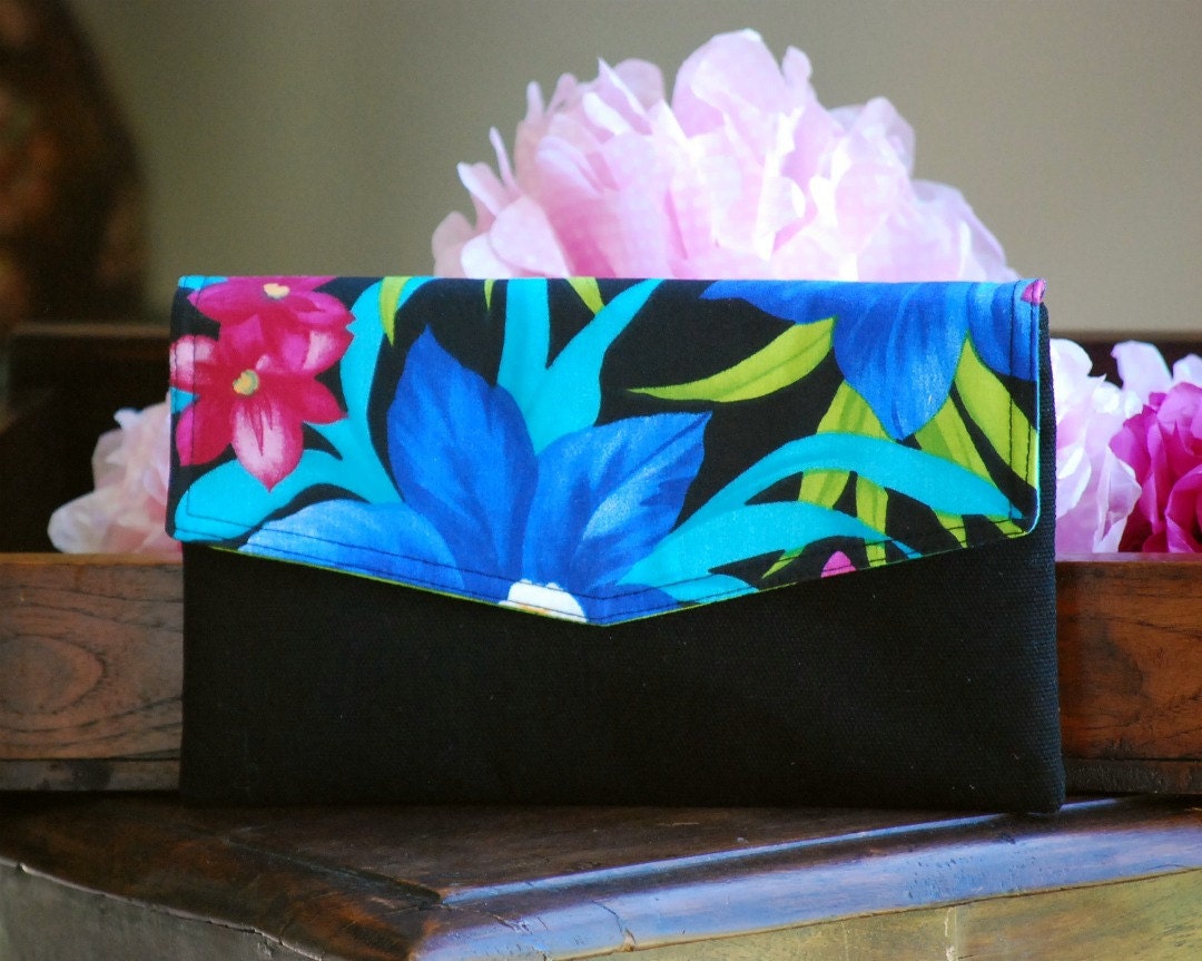 Envelope Clutch - Tropical Design in Black Cotton Canvas Background SALE WAS 36 NOW 30