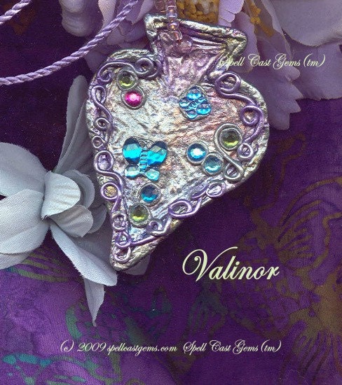 Spell Cast Gems(tm) Leaf Pendant\/Tolkien Elven Magic Jewelry\/ VALINOR\/ Celtic\/ Druid\/ Fairy\/ Fae Wicca\/ Pagan\/ Butterfly\/ Handmade Filigree\/ Handworked Copper\/ Rainbow Iridescence\/ Silver\/ Spell Worker Magic(sm)
