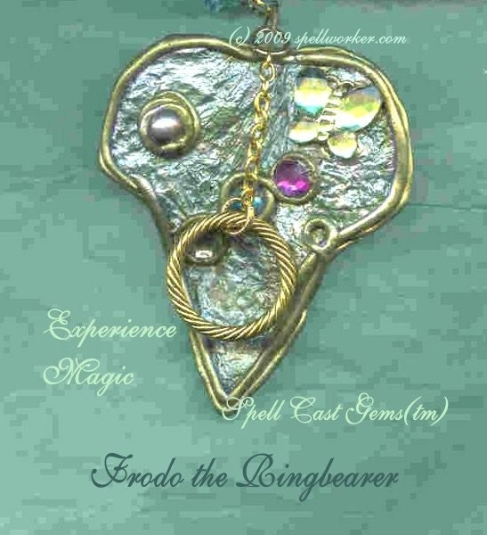 Spell Cast Gems(tm) Double-Sided Leaf Pendant \/Tolkien\/ Elven Magic Jewelry(tm) \/ FRODO THE RINGBEARER \/ Celtic\/ Druid\/ Fairy\/ Fae Wicca\/ Pagan\/Natural Rose Petals\/ Pearls\/ Butterfly\/Handworked Brass\/ Brass Ring