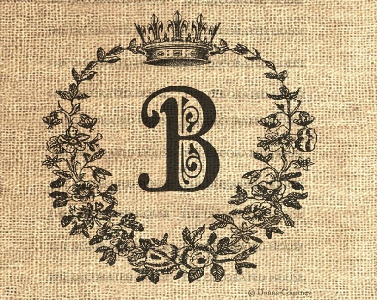 DIGITAL Download Monogram Vintage Crown Personalized Initial. Iron On Transfer, Burlap, Linen, Pillows, Bags 8x8 in. Decorated House