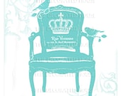 French Chair  8 x 10 in. Art Print. Aqua Turquoise Tiffany Blue. with Crown and Birds. The Decorated House on Etsy