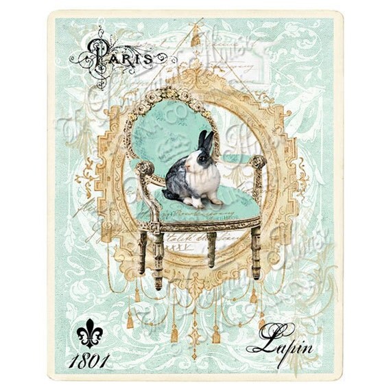 BUNNY Rabbit in FRENCH Chair Art Print. Aqua by TheDecoratedHouse