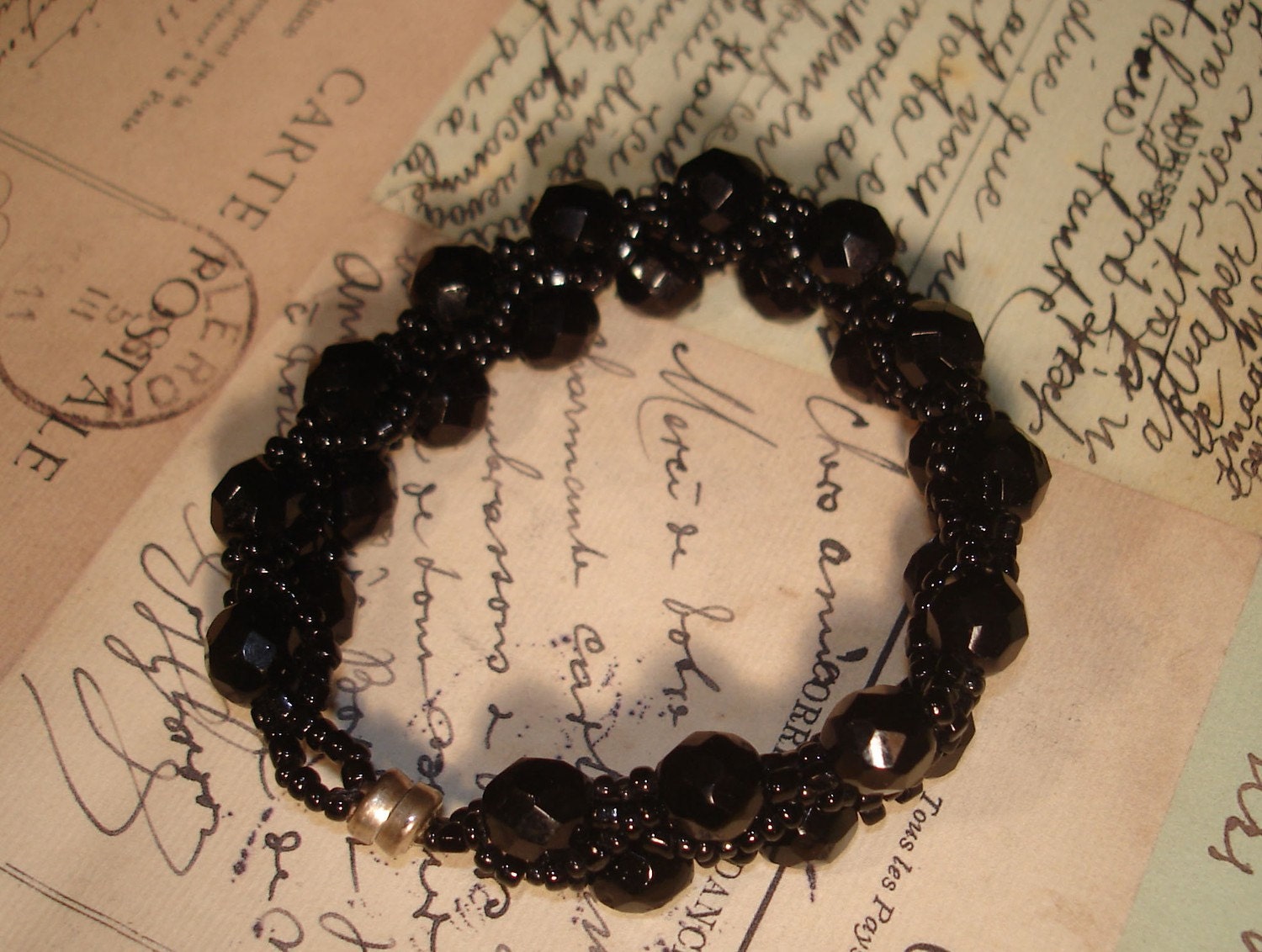 Black Elegance Bracelet  Beadwoven with vintage beads
