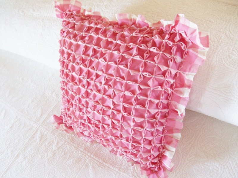 Vintage Smocked Pink Gingham Pillow With Pearls
