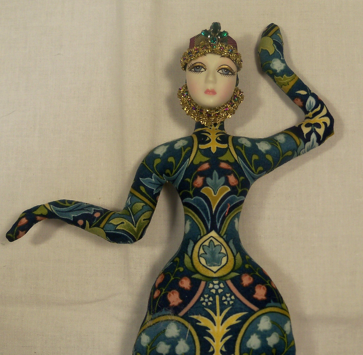Teal Art Deco Lady Goddess cloth art doll form w/face cab 12in U Bead It
