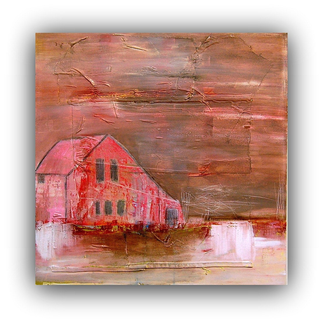 LARGE Acrylic Painting Old Red Barn by Christina Romeo 2ft x 2ft