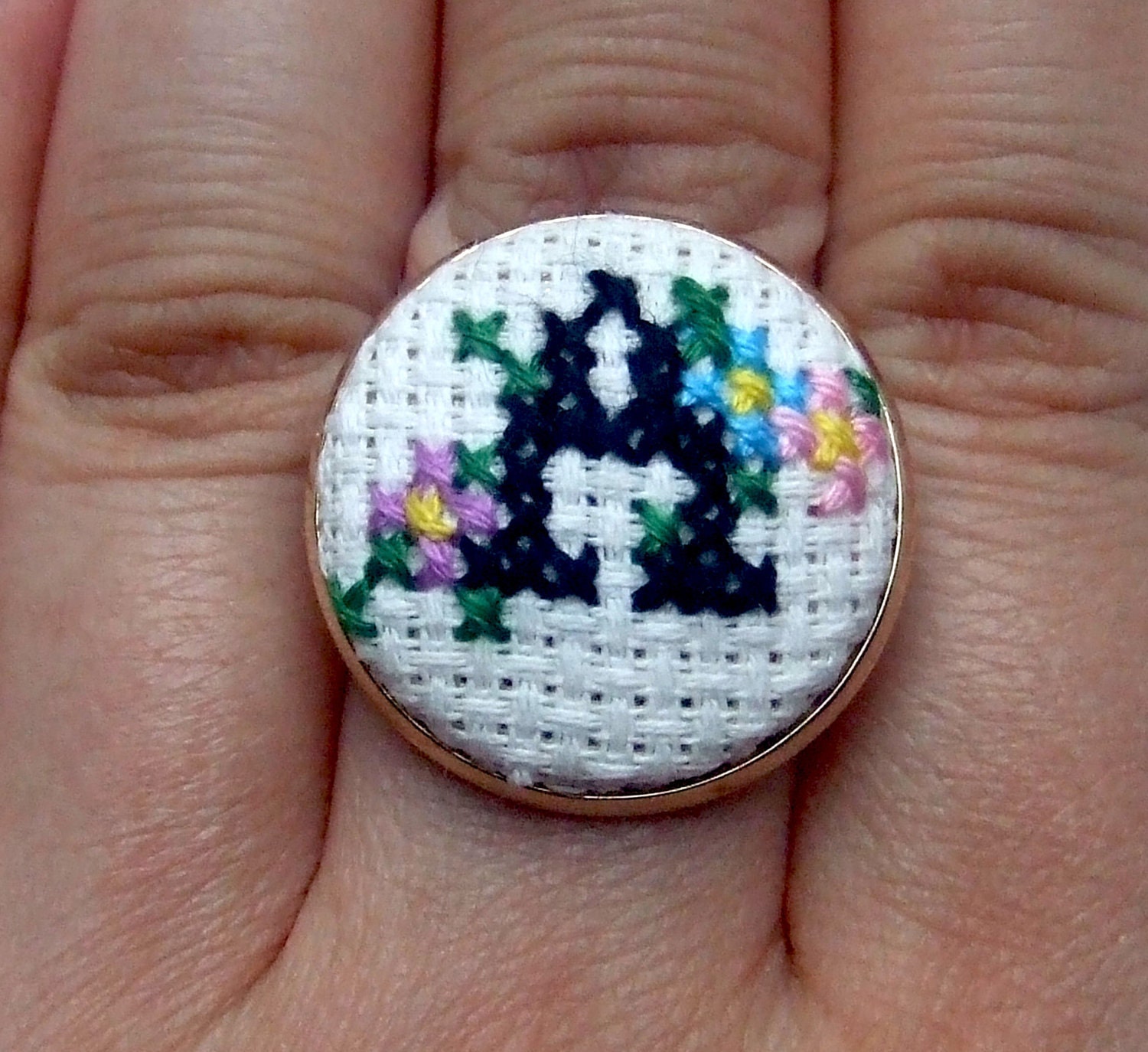 Personalised Cross-stitch Alphabet Ring - Your Initial with Floral Detail