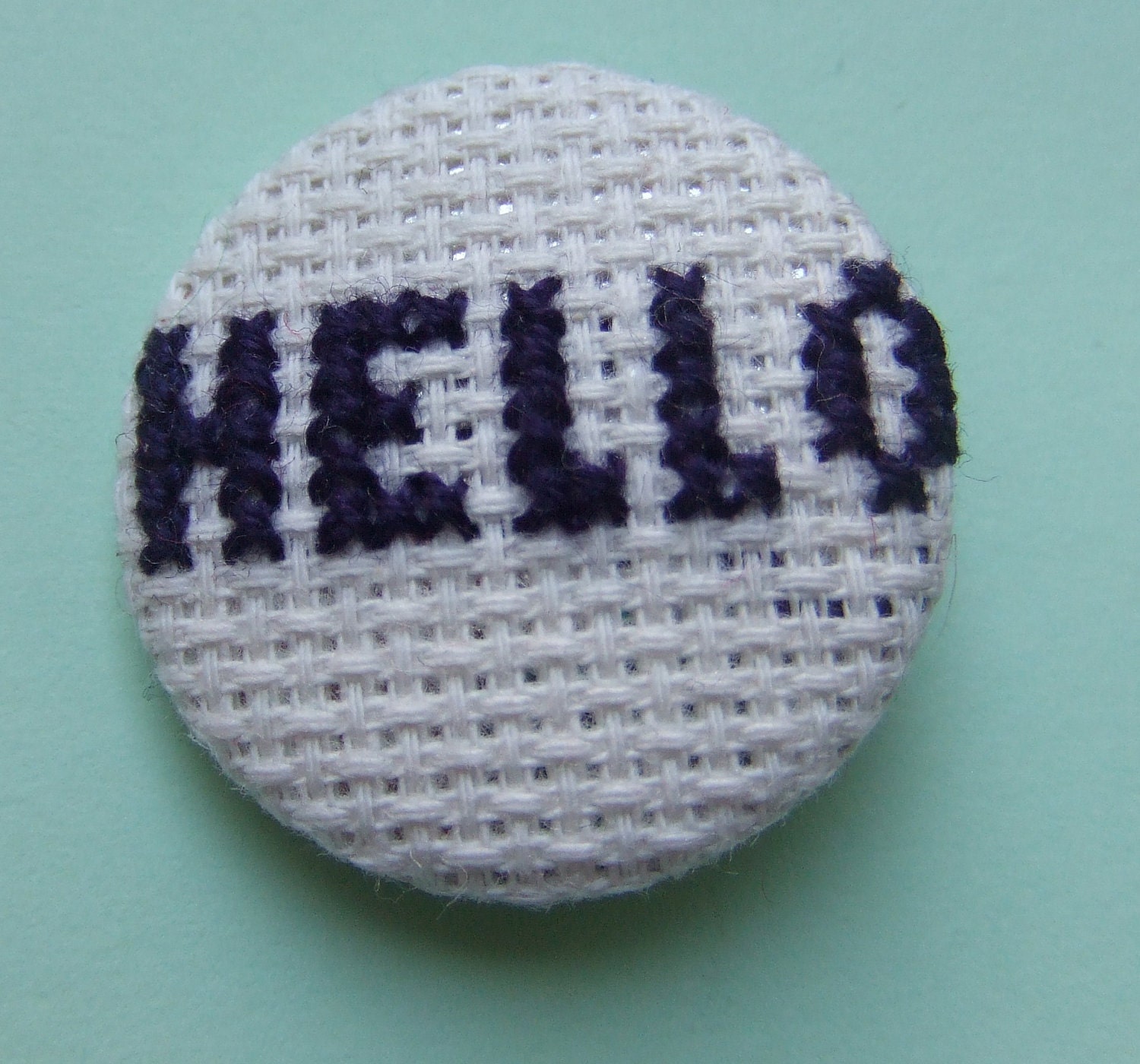 Cross-stitch Hello Button Badge - For people too shy to say it