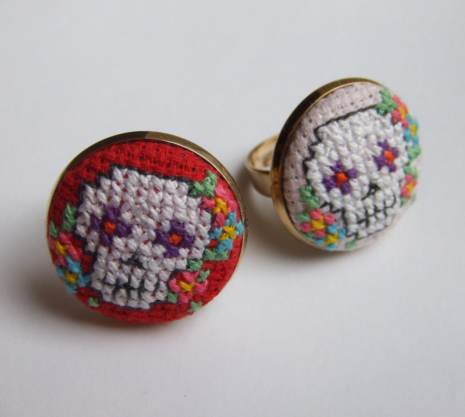 Day of The Dead Mexican Sugar Skull Cross-stitch Ring with Flowers