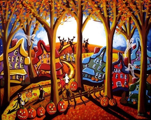 Fall Halloween Night Witches Ghosts Kids Trick or Treat Whimsical Colorful Folk Art Painting