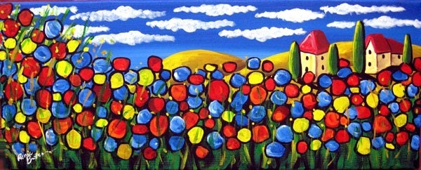Field of Poppies Colorful Fun Whimsical Folk Art Original Painting renie
