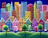 Colorful Funky  Cityscape Fun Whimsical Folk Art Original Painting