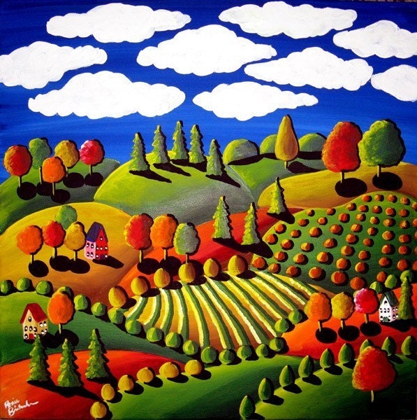 Colorful Fall Day Whimsical Landscape Folk Art Painting Original Fun