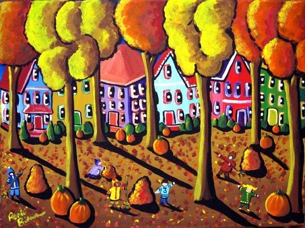 Kids Rake Leaves Colorful Whimsical Fall Fun Folk Art Original Painting