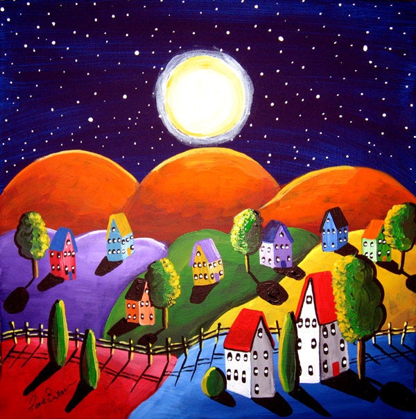 Peace On Earth Orange Hills Landscape Painting Folk Art Original Painting