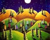 Peace On Earth Green Gold Hills Landscape Painting Folk Art Colorful Whimsical Art