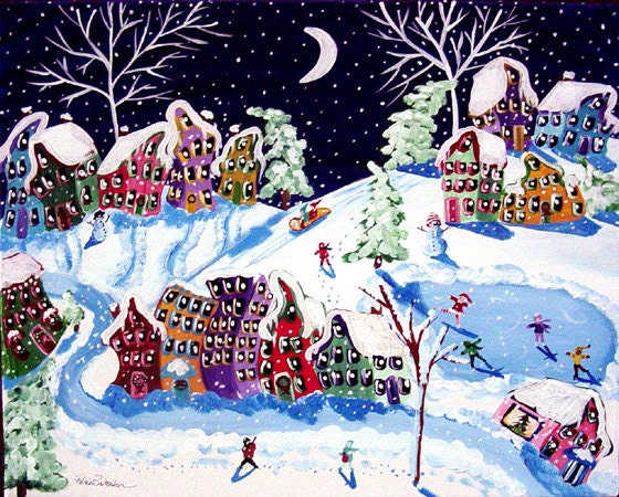 Winter Sled Ride Folk Art Kids Ice Skate Snow Whimsical Canvas Original Painting - reniebritenbucher