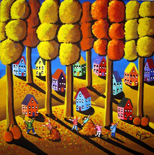 Kids Fun Raking Leaves Fall Folk Art Original Whimsical Painting