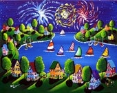 Fireworks Houses Sailboats Fun 4th July Holida Folk Art Original Painting Canvas renie