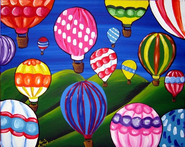 Hot Air Balloons Colorful Fun Whimsical Folk Art Canvas Painting