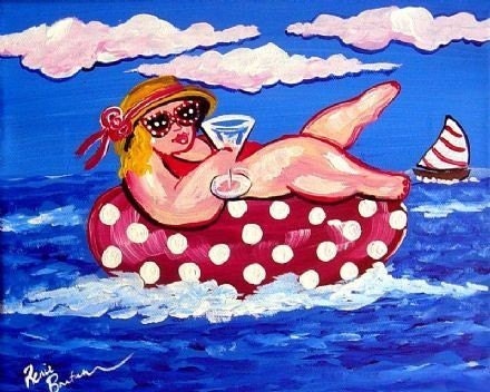 Big Beach Diva Martini Inter Tube Whimsical Folk Art Canvas Giclee PRINT Fun renie