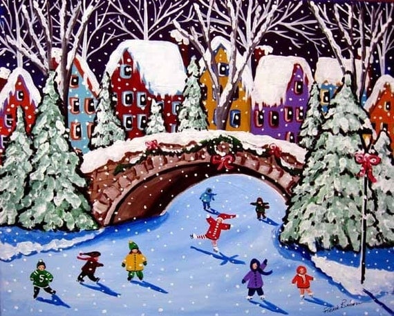Ice Skating Kids Winter Fun Holiday Snow Folk Art Painting