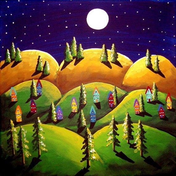 Peace On Earth Green Gold Hills Landscape Painting Folk Art Colorful Whimsical Art