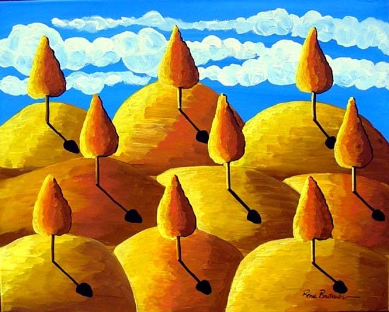 Golden Landscape Trees Blue Skies Whimsical Folk Art Painting Original