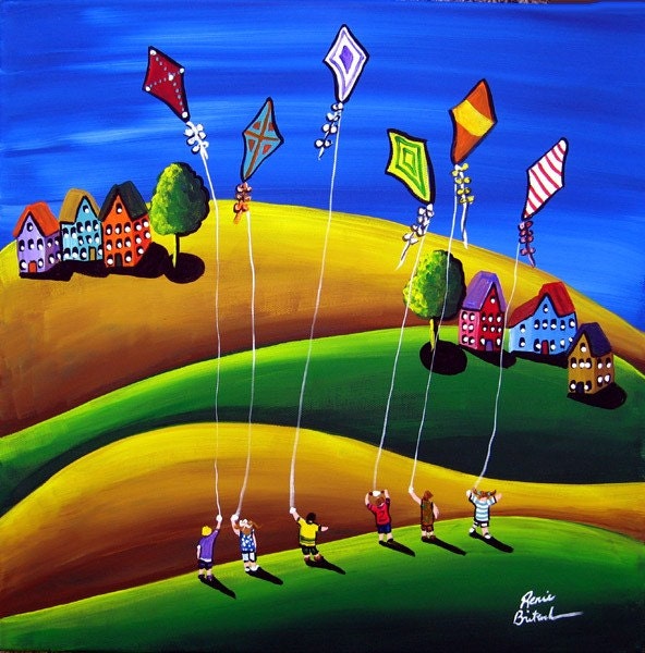 Kite Fliers Kids Whimsical Colorful Fun Spring Original Folk Art Painting