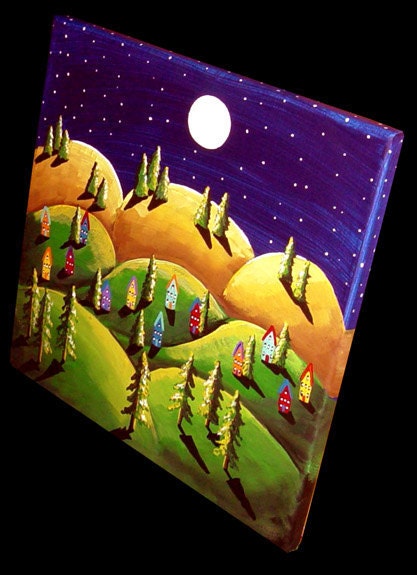 Peace On Earth Green Gold Hills Landscape Painting Folk Art Colorful Whimsical Art