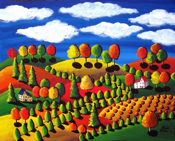 Fall Day Colorful Landscape Pumpkins Whimsical Folk Art Painting