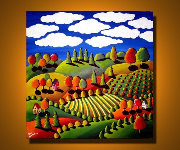 Colorful Fall Day Whimsical Landscape Folk Art Painting Original Fun