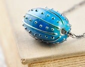 Metallic Aqua Glass Pendant / Sea Urchin Pendant / Copper / Valentine Gift / Vintage Modern Style