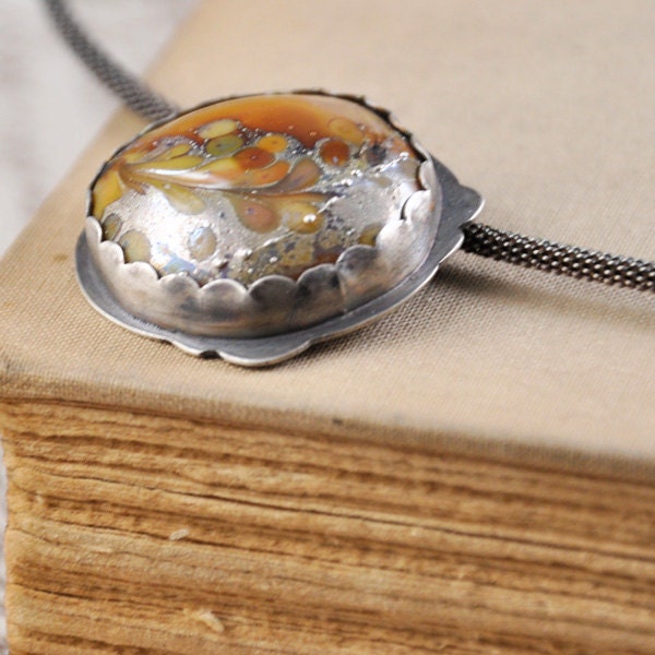 Lampwork Glass Pendant / Feather Pendant / Silver / Scalloped / Valentine Gift / Vintage Modern Style