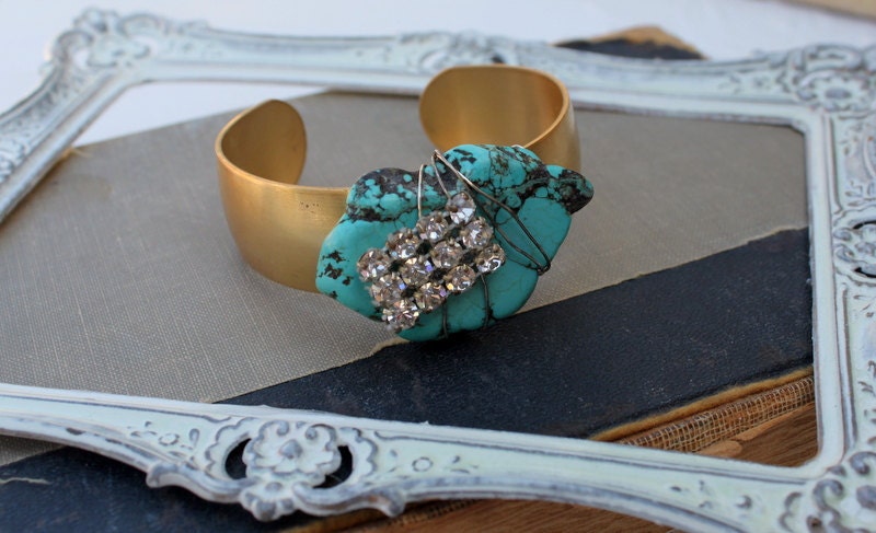 One Of A Kind Vintage Rhinestone, Turquoise, and Brass Assemblage Cuff....Remix