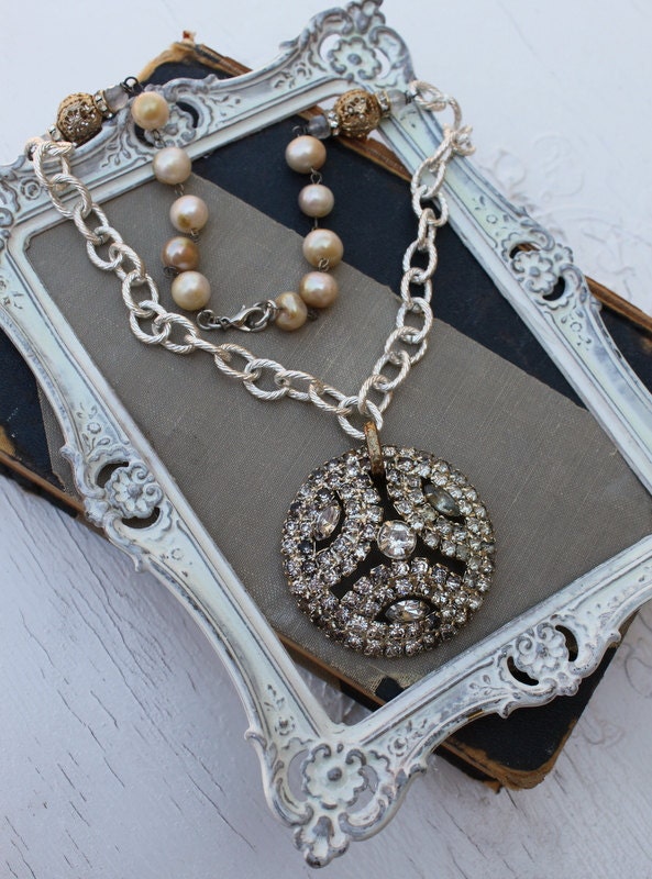 Vintage Rhinestone Pearl and Gemstone One of a Kind Assemblage Necklace.....Poise