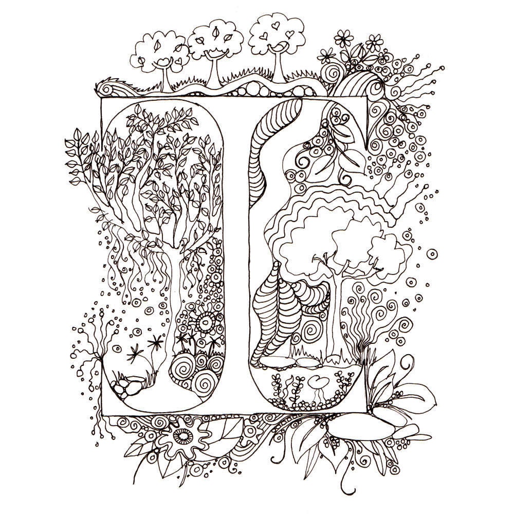 Monogram, Initial, Colour-Me-In Illuminated Letters - I, original art  drawings by melanie j cook