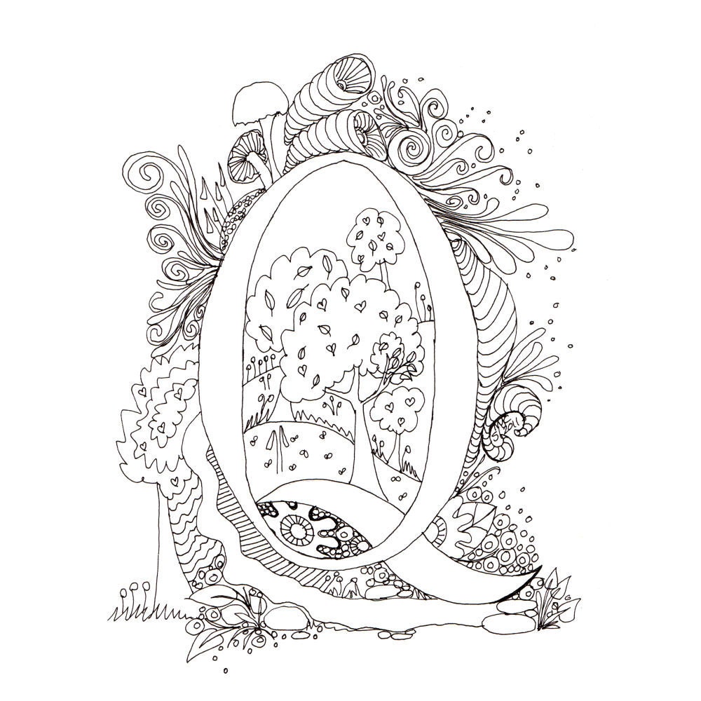Monogram, Initial, Colour-Me-In Illuminated Letters - Q, original art  drawings by melanie j cook