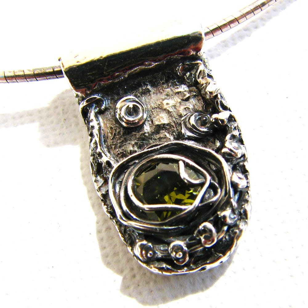RESERVED FOR LAURAPendant, necklace, fine silver, Peridot colored cubic zirconia, sterling silver Omega chain, Green Organics