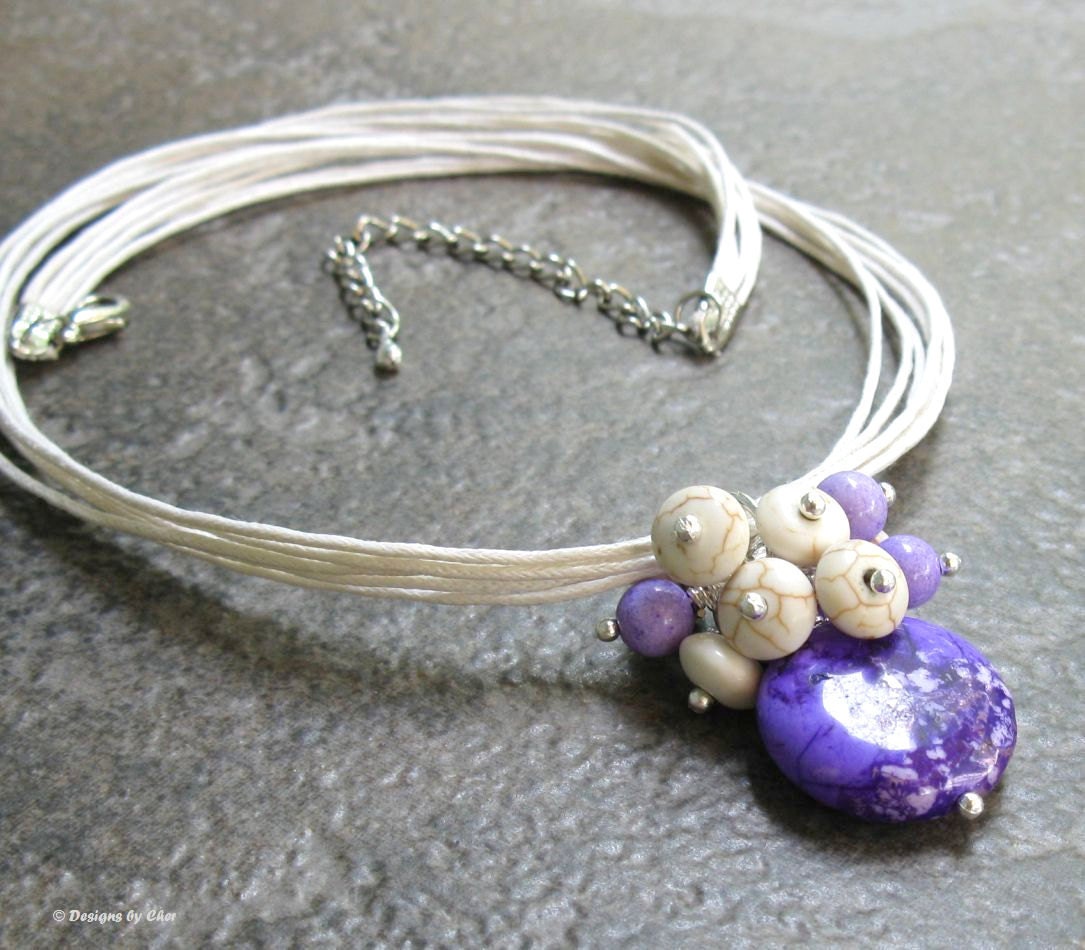 Ivory & Purple Turquoise Pendant, Multi Strand Linen Necklace, Adjustable ... Summer Beach Resort Jewelry