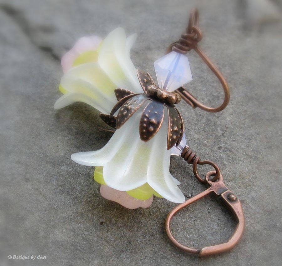 Pastel Lucite Flower Earrings, Antique Copper Leverbacks, Pink Opal Crystals & Glass... Delicate Flower Jewelry
