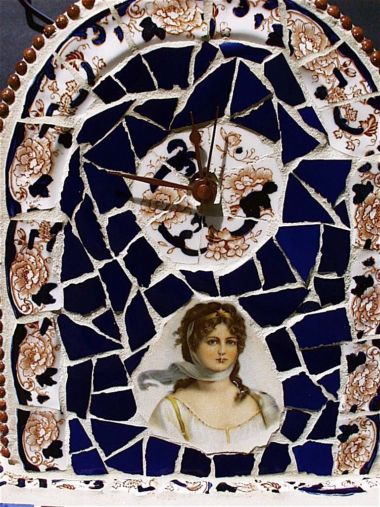 Pique Assiette Mosaic Mantle Clock Vintage Woman's Portrait